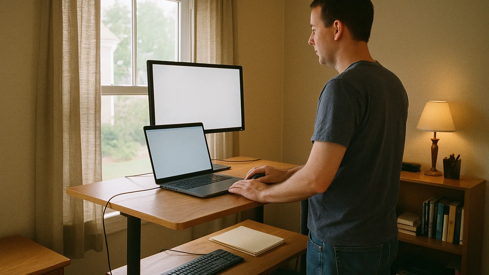 A realistic home office with a standing desk near a window