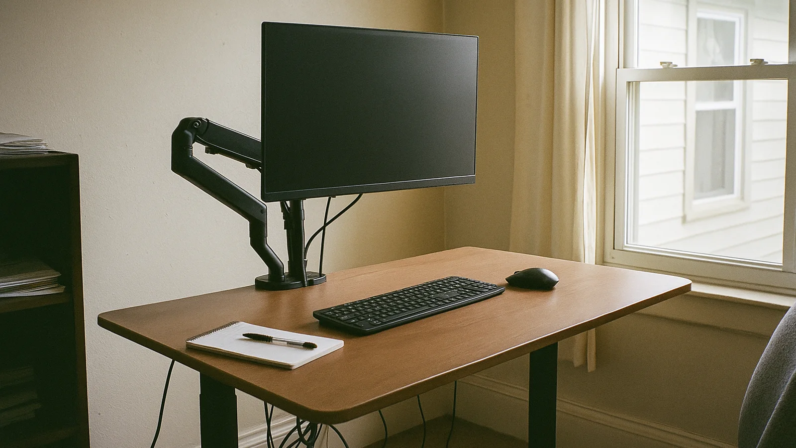 organized monitor arms and cables on standing desk
