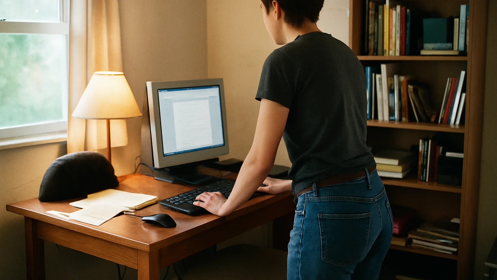 person alternating sitting and standing at desk