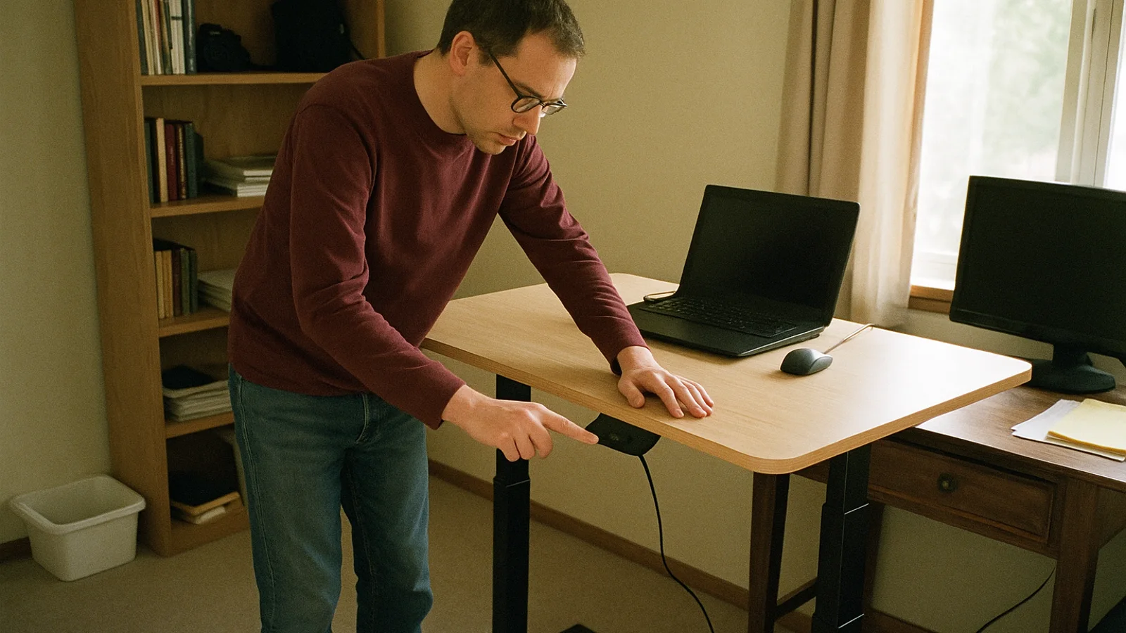home worker adjusting a standing desk incorrectly